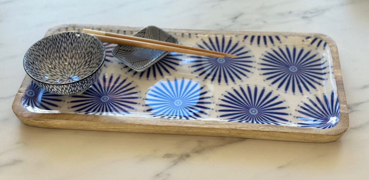 Indy Home Mango Wood & Blue Starburst Enamel Tray
