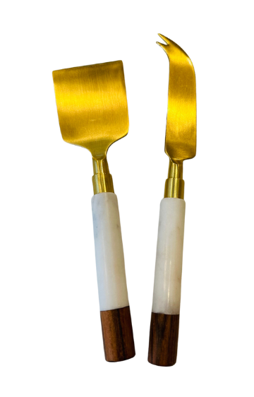 White Marble & Acacia Gold Cheese Set