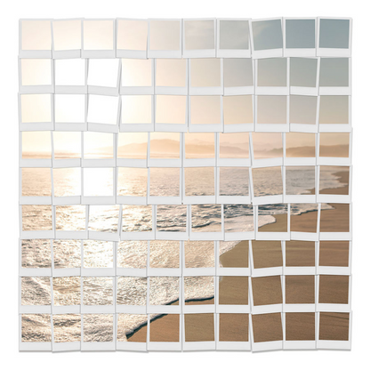 Ocean scape created with a polaroid design on canvas with matte white gallery float frame. This ocean view features a sunny sky with a sandy beach