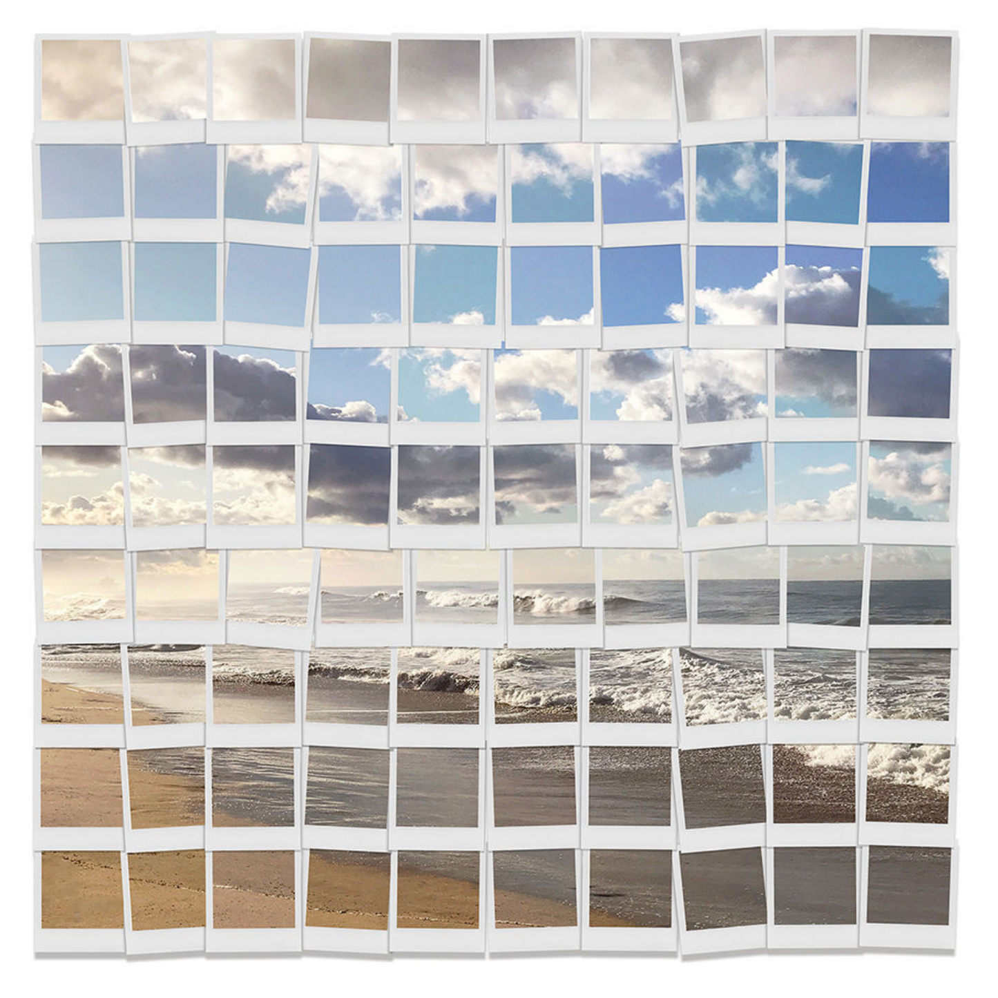 Ocean scape created with a polaroid design on canvas with matte white gallery float frame. This ocean view features a blue sky with clouds with a sandy beach
