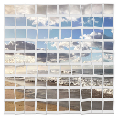 Ocean scape created with a polaroid design on canvas with matte white gallery float frame. This ocean view features a blue sky with clouds with a sandy beach