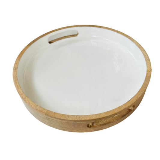 Indy Home Mango Wood & Enamel Round Tray with Handles